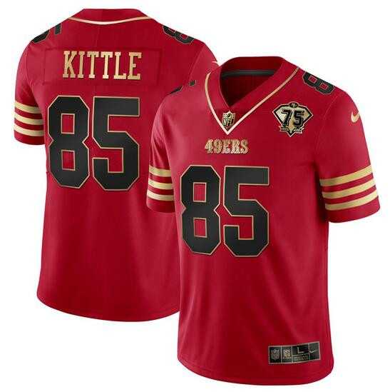 Mens San Francisco 49ers #85 George Kittle Red Gold With 75th Anniversary Patch Football Stitched Jersey